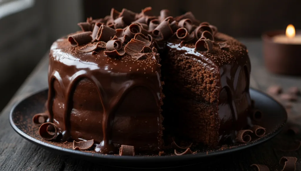 A decadent mocha sponge cake with chocolate ganache frosting garnished with chocolate shavings and a light dusting of co