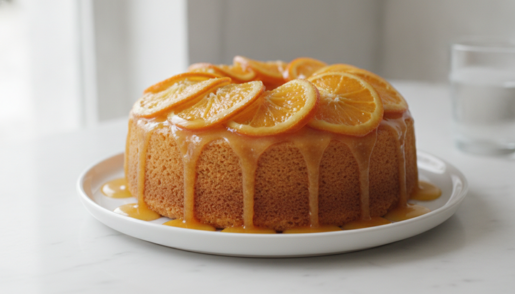 A vibrant orange sponge cake decorated with fresh orange slices and an orange glaze on a light-colored background