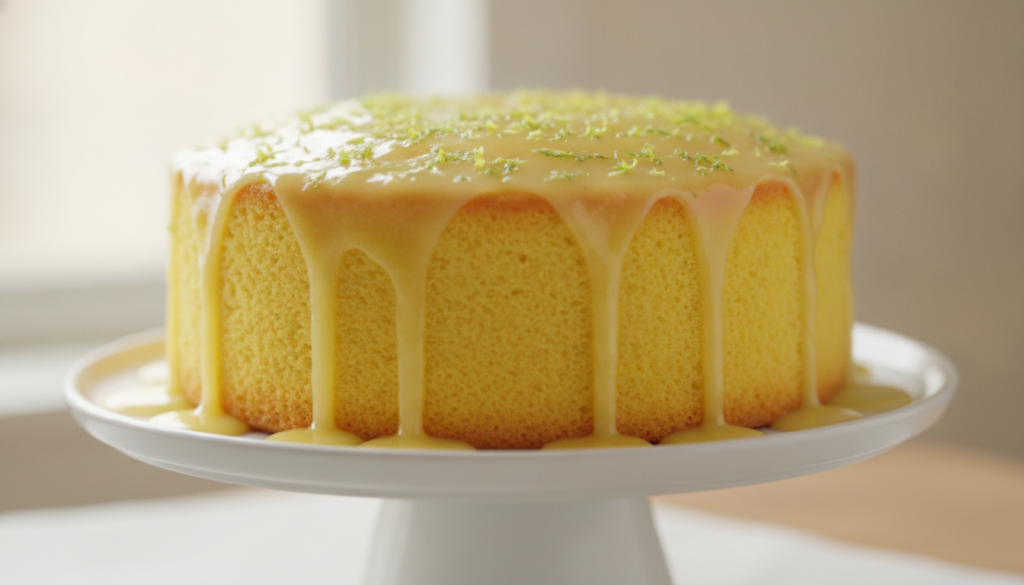 A bright yellow lemon sponge cake topped with a lemon glaze and fresh lemon zest on a white cake stand