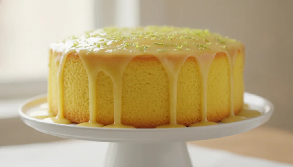 A bright yellow lemon sponge cake topped with a lemon glaze and fresh lemon zest on a white cake stand