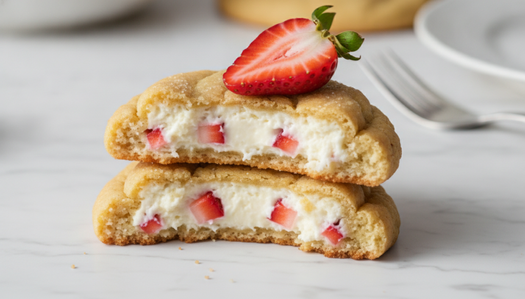A freshly baked cookie with a bite taken out showing a creamy white cheesecake filling studded with small pieces of red 