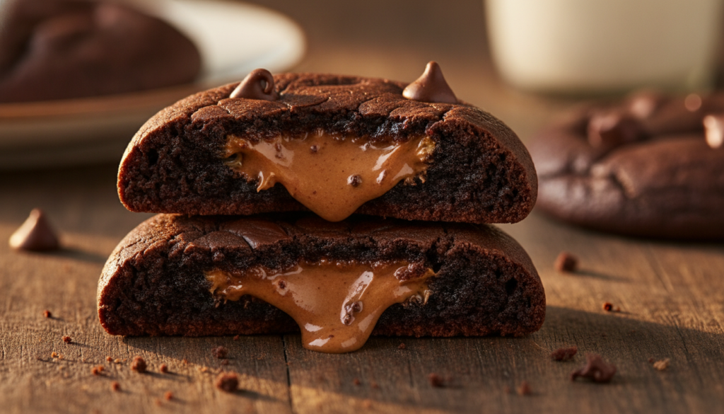 A dark chocolate cookie with a bite taken out revealing a mini peanut butter cup like a Reese s melted inside The cookie