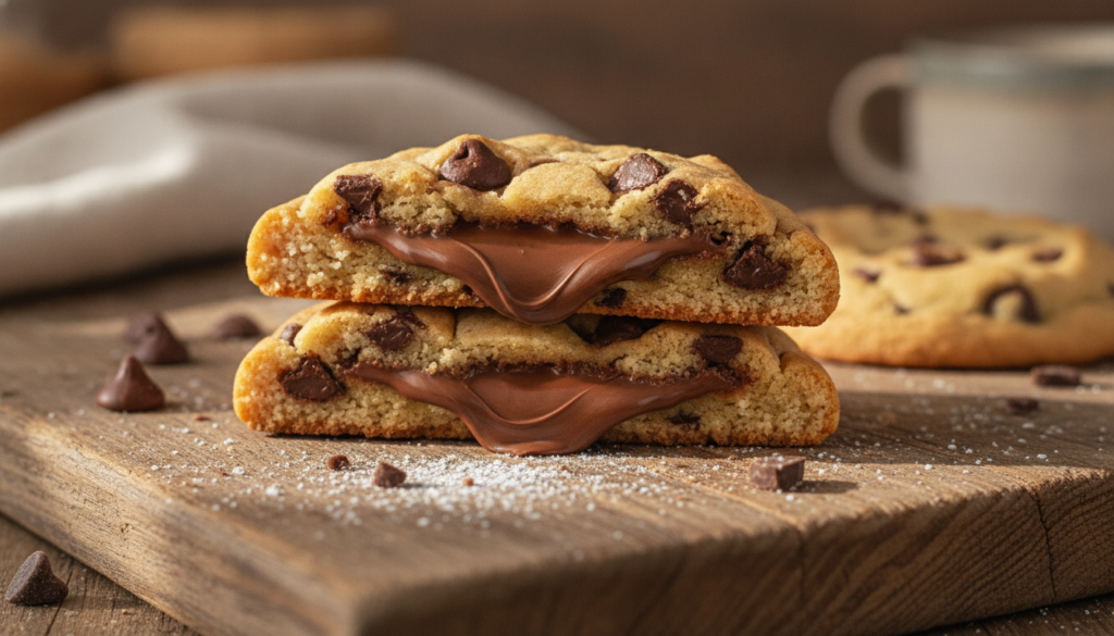 A close-up of a warm freshly baked chocolate chip cookie with a bite taken out revealing a gooey melted Nutella center T