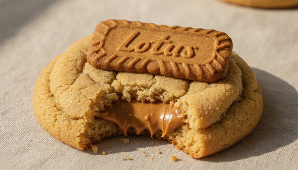 A golden-brown cookie with a bite taken out revealing a rich smooth Biscoff speculoos spread filling A whole Biscoff bis