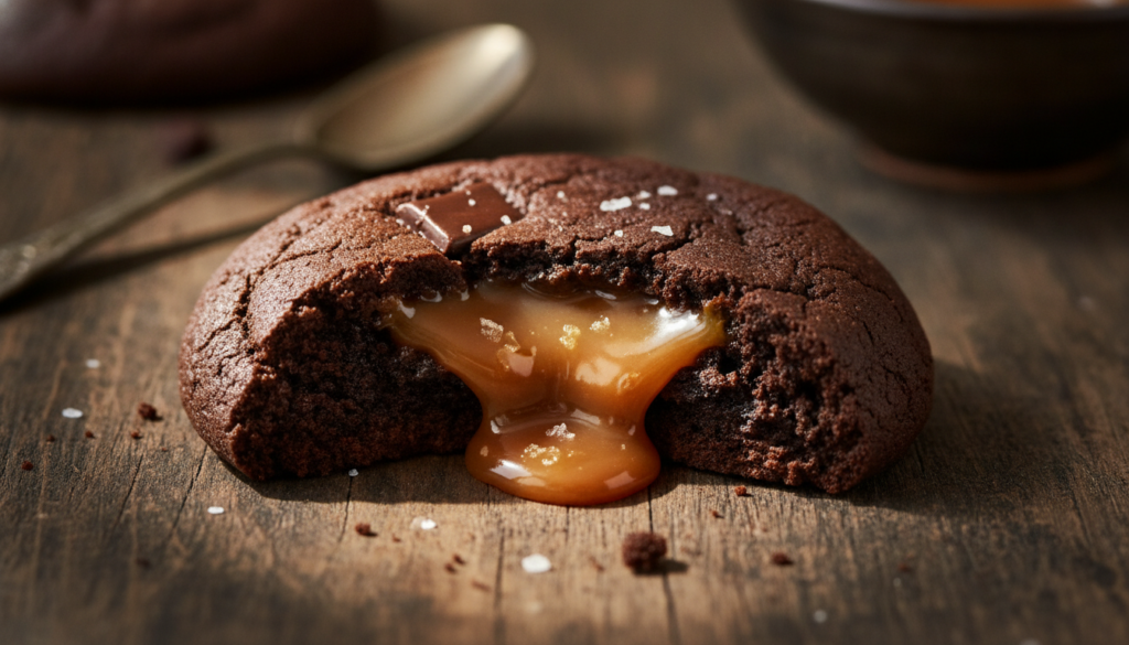 A dark chocolate cookie with a bite taken out showcasing a generous amount of shiny gooey salted caramel flowing from th