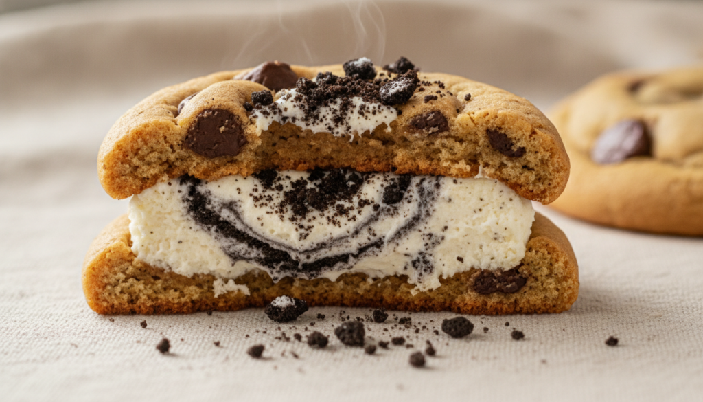 A golden-brown cookie with a bite taken out revealing a creamy white cheesecake filling speckled with dark Cookies Cream