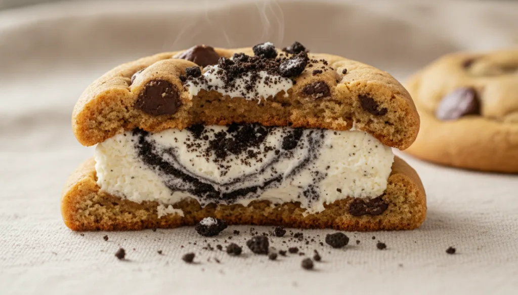 A golden-brown cookie with a bite taken out revealing a creamy white cheesecake filling speckled with dark Cookies Cream