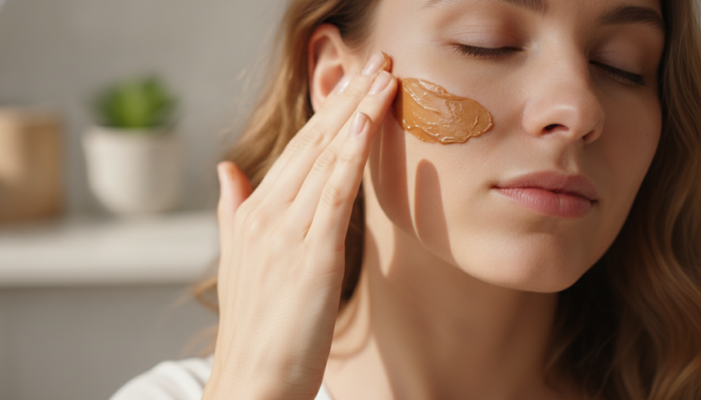 A woman s hand gently applying the coffee and Vaseline paste to her cheek demonstrating the application process