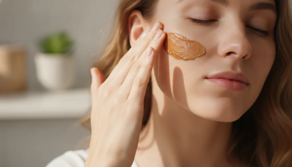 A woman s hand gently applying the coffee and Vaseline paste to her cheek demonstrating the application process
