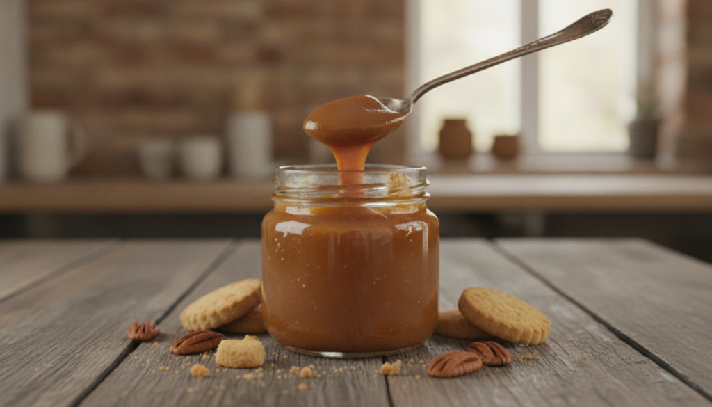 A jar of rich caramel-colored dulce de leche with a spoon showing its thick gooey texture on a rustic wooden surface