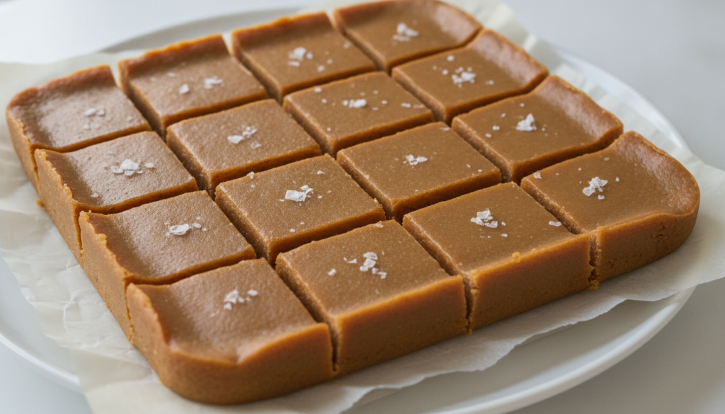 Squares of rich peanut butter fudge sprinkled with sea salt arranged on parchment paper