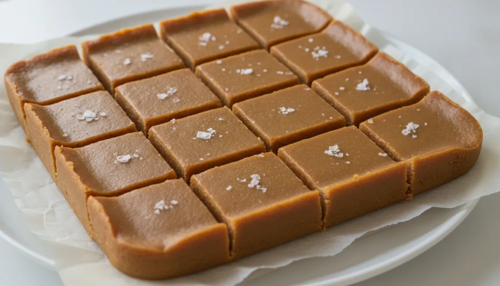 Squares of rich peanut butter fudge sprinkled with sea salt arranged on parchment paper