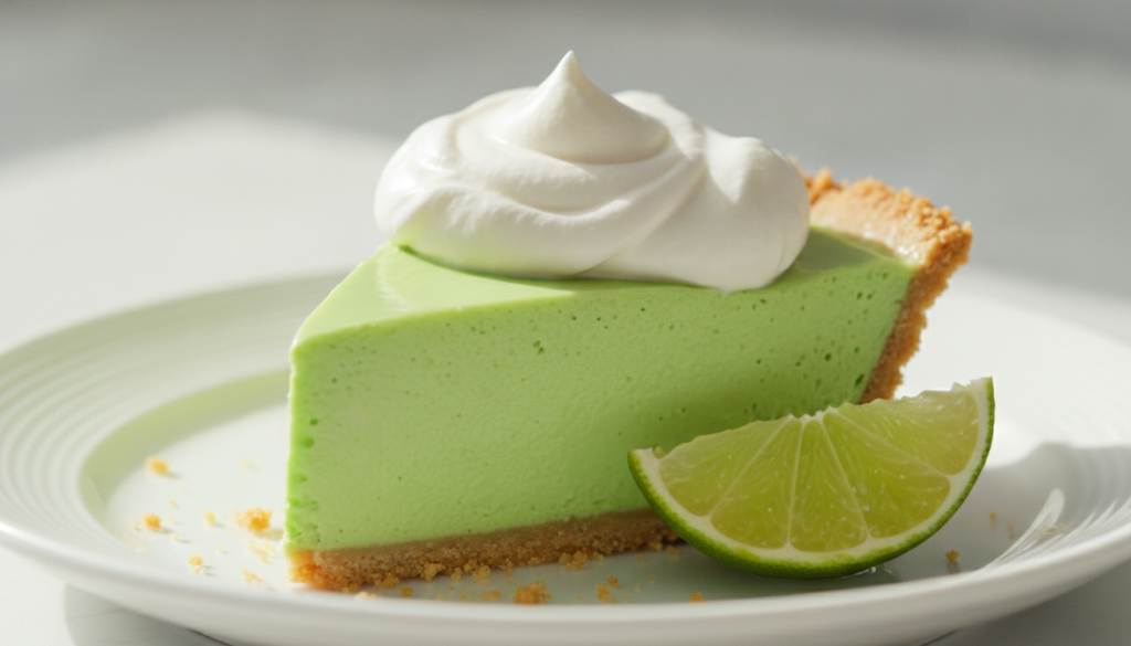 A slice of vibrant green no-bake key lime pie with a graham cracker crust topped with a dollop of whipped cream and a li