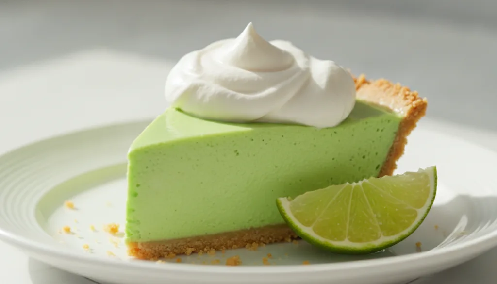 A slice of vibrant green no-bake key lime pie with a graham cracker crust topped with a dollop of whipped cream and a li