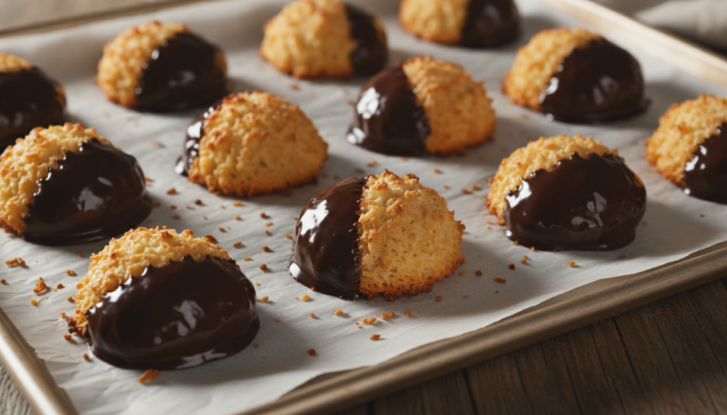 Golden-brown coconut macaroons with crispy edges and moist centers some dipped in chocolate on a baking sheet