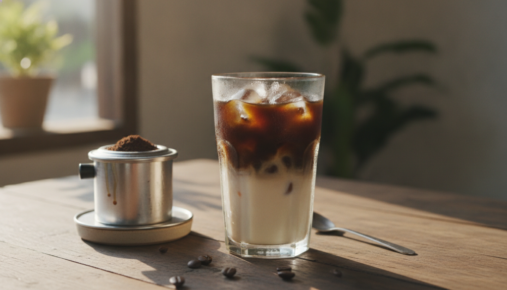 A tall glass of Vietnamese iced coffee with ice dark coffee and creamy sweetened condensed milk layers with a traditiona