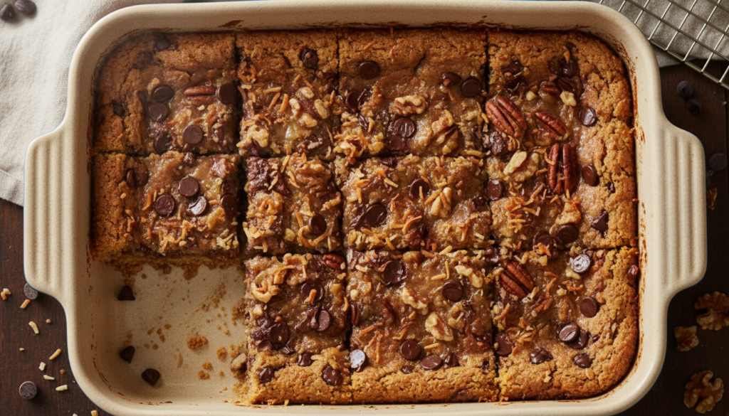 Golden-brown magic cookie bars with visible layers of graham cracker crust chocolate chips nuts coconut and a gooey cond