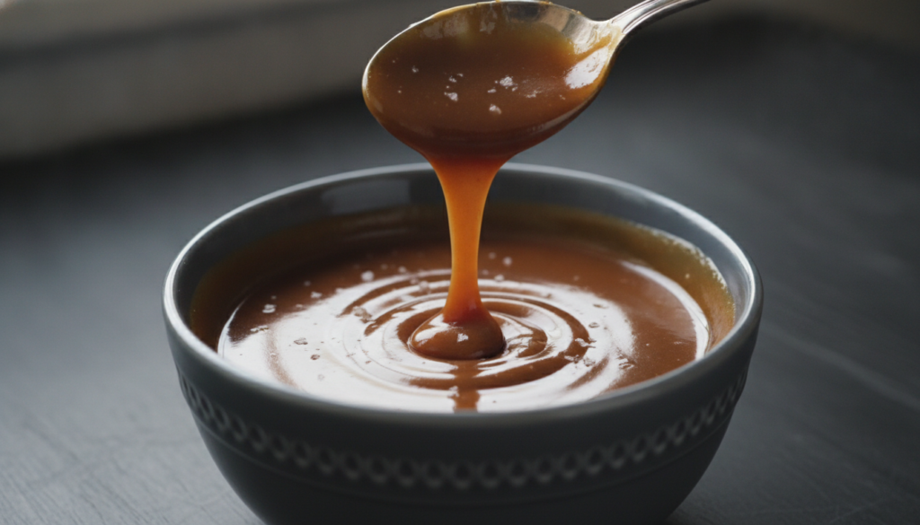 A small bowl of rich glossy chocolate caramel sauce with a spoon dripping the sauce on a dark background