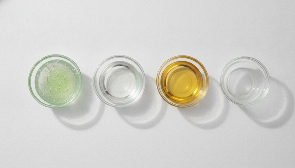 Three small bowls containing aloe vera gel vegetable glycerin and jojoba oil are arranged on a light background ready fo