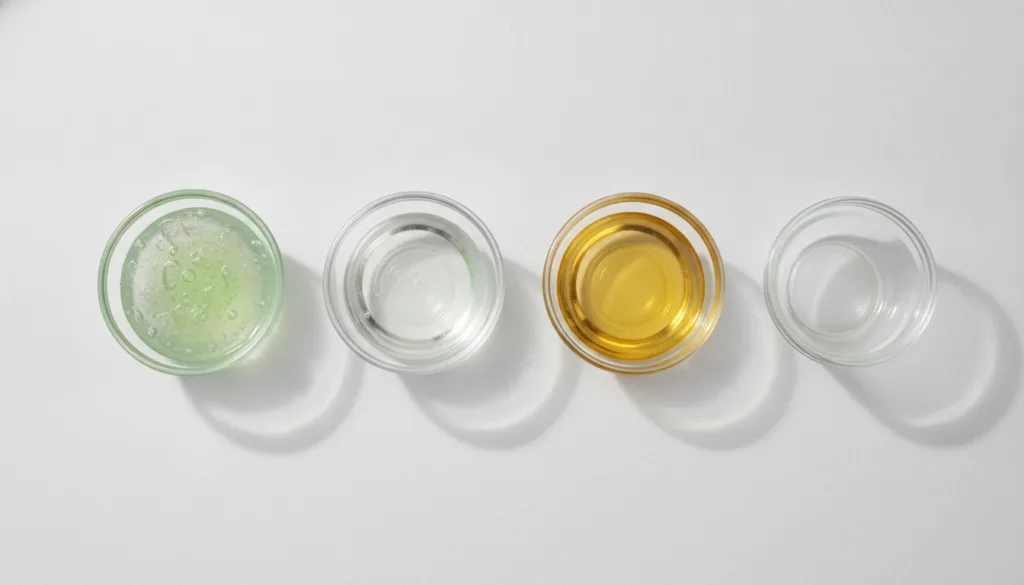 Three small bowls containing aloe vera gel vegetable glycerin and jojoba oil are arranged on a light background ready fo