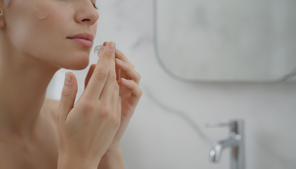 A woman gently applying a small amount of gel to her face and neck with her fingertips in a soft diffused light bathroom