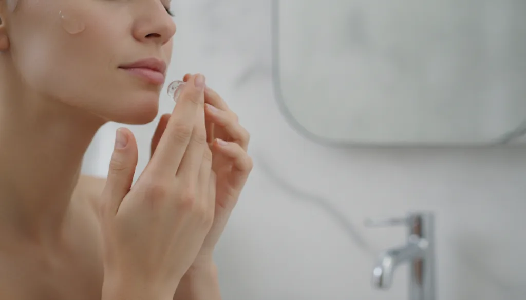 A woman gently applying a small amount of gel to her face and neck with her fingertips in a soft diffused light bathroom