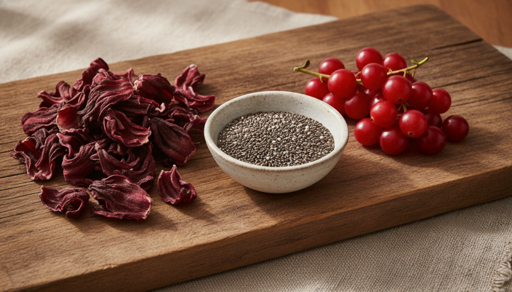 Ingredients for a beauty drink dried hibiscus flowers chia seeds and fresh cranberries displayed on a wooden board