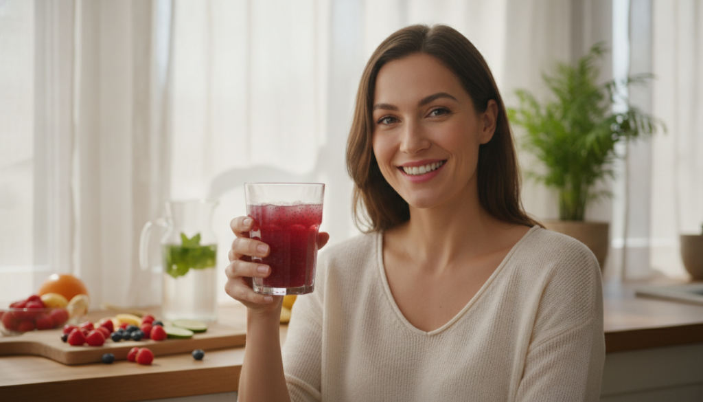 A woman smiling and confidently holding a glass of the red chia seed beauty drink demonstrating natural radiance