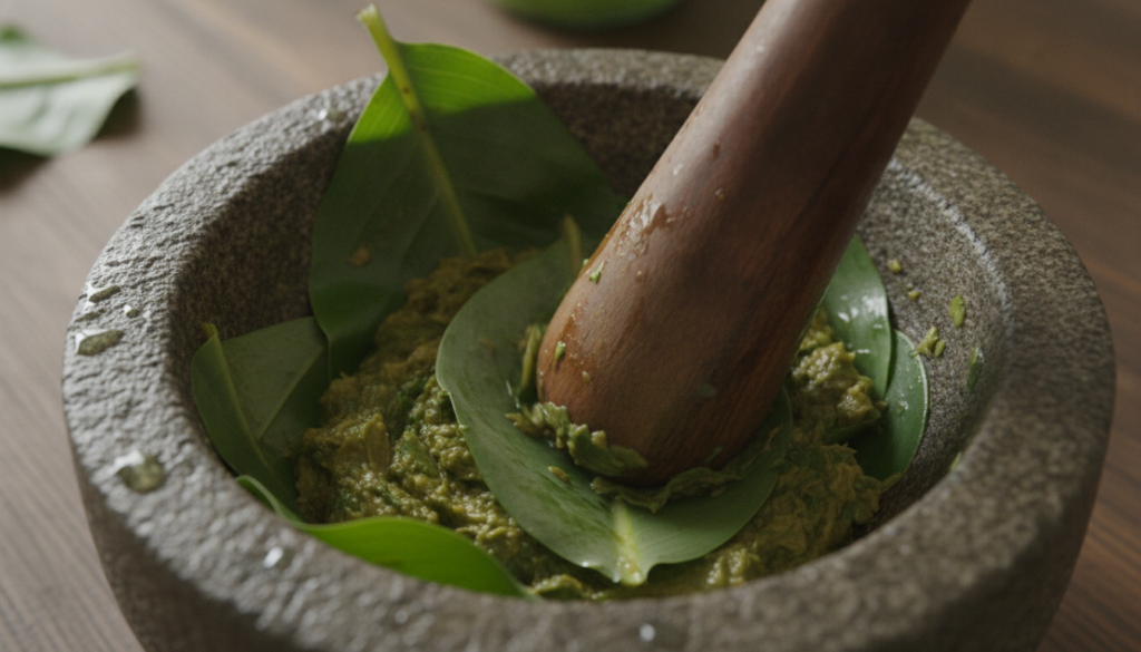 A close-up of fresh green plantain leaves in a mortar and pestle being mashed into a pulp with some drops of water visib