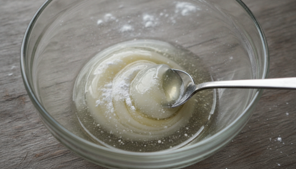 A small bowl containing melted petroleum jelly crushed white powder and clear oil being stirred with a spoon