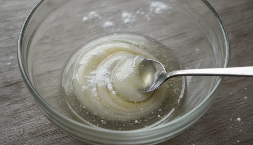 A small bowl containing melted petroleum jelly crushed white powder and clear oil being stirred with a spoon