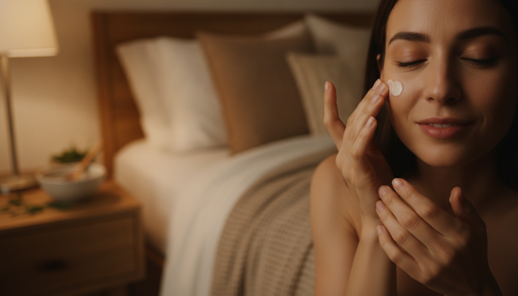 A woman applying a small amount of homemade cream to her cheek at night with a soft warm glow