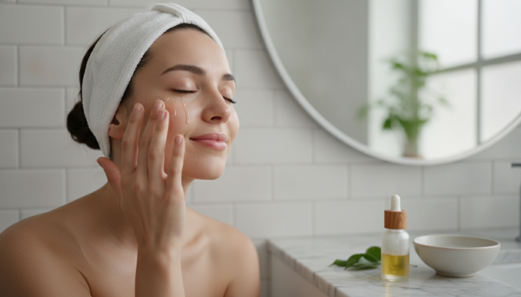A woman gently massaging a few drops of oil onto her face focusing on areas around the eyes and forehead with a serene e