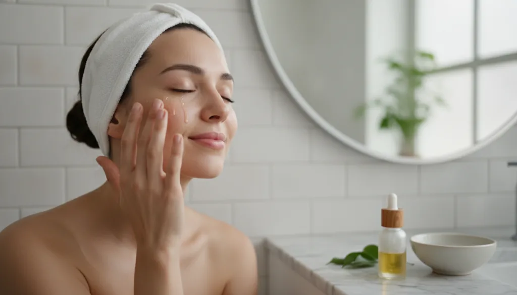 A woman gently massaging a few drops of oil onto her face focusing on areas around the eyes and forehead with a serene e