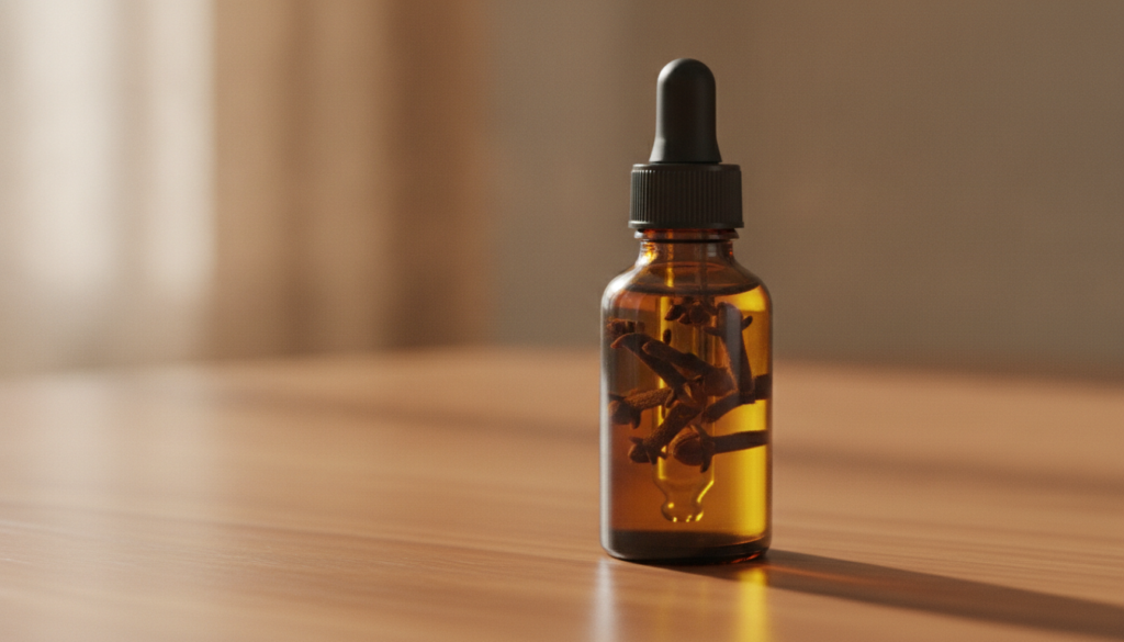 A small dark glass dropper bottle filled with golden-hued oil and whole cloves sitting on a wooden surface with soft dif