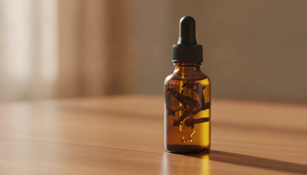 A small dark glass dropper bottle filled with golden-hued oil and whole cloves sitting on a wooden surface with soft dif
