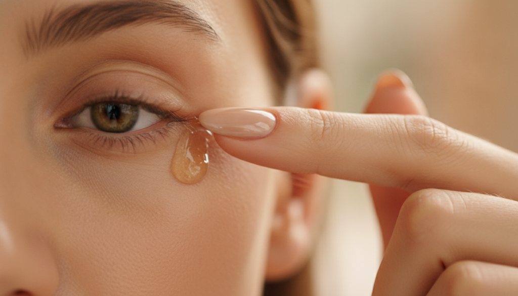 A woman gently applying a small amount of the golden Vaseline gel onto the skin around her eye demonstrating careful and