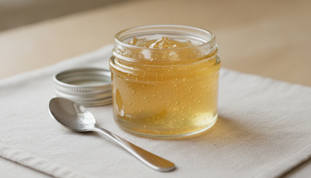 A small clean glass jar containing the freshly mixed golden Vaseline gel with a spoon resting beside it The texture shou