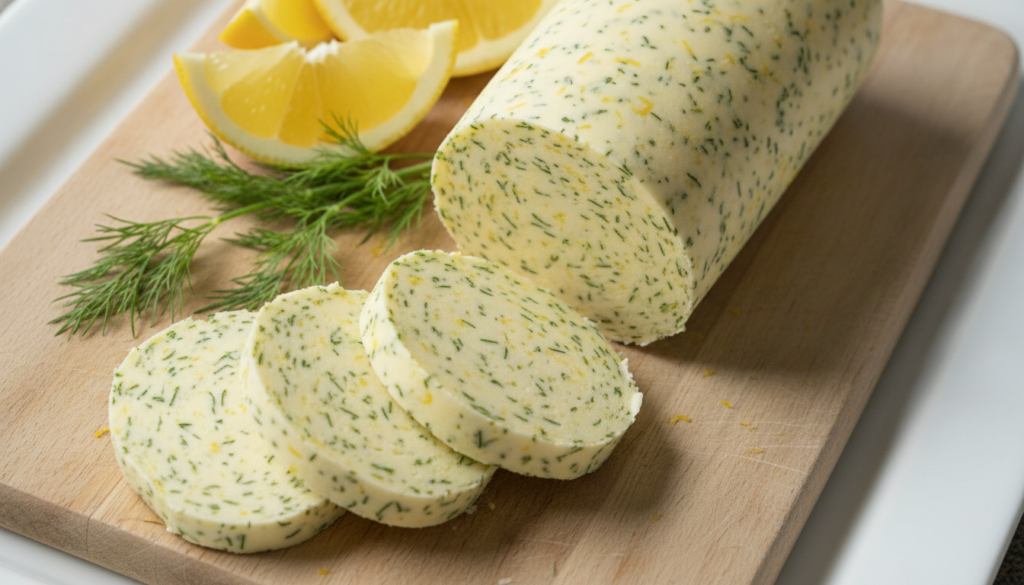 A log of lemon dill compound butter sliced to show green dill and yellow lemon zest next to fresh lemon wedges and dill 