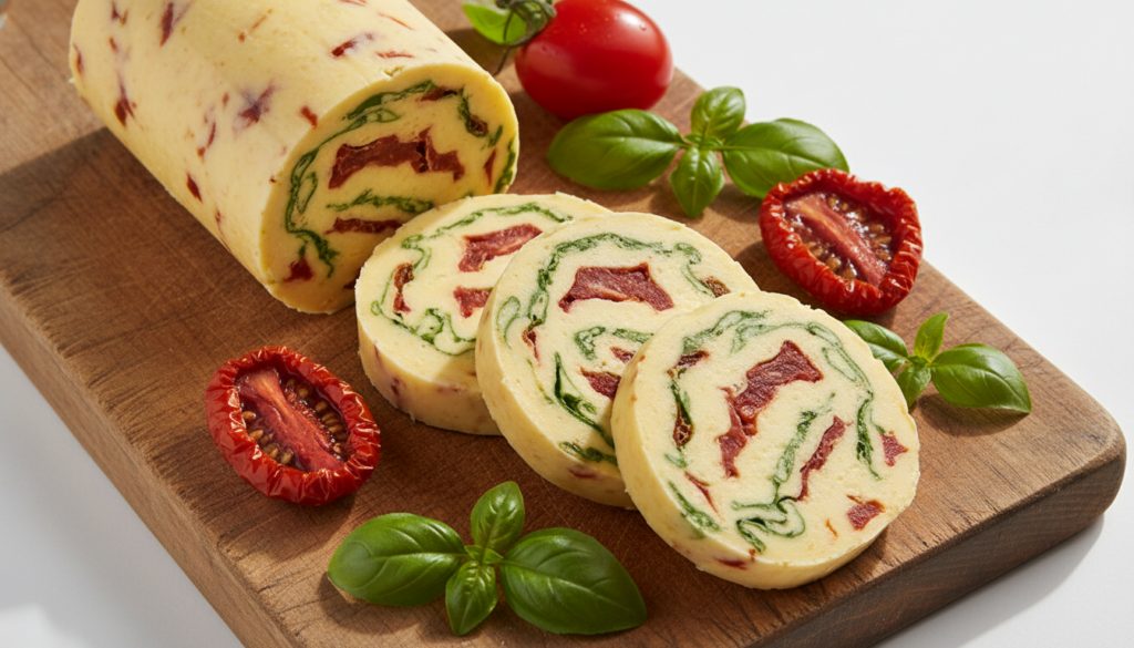 A log of sun-dried tomato basil compound butter sliced to show red sun-dried tomatoes and green basil leaves next to who