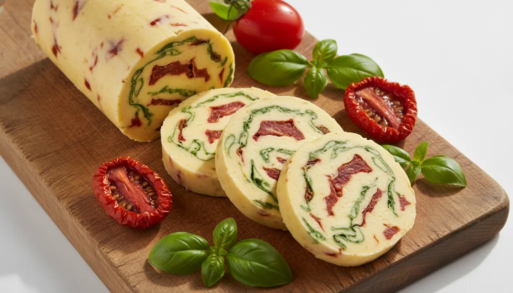 A log of sun-dried tomato basil compound butter sliced to show red sun-dried tomatoes and green basil leaves next to who