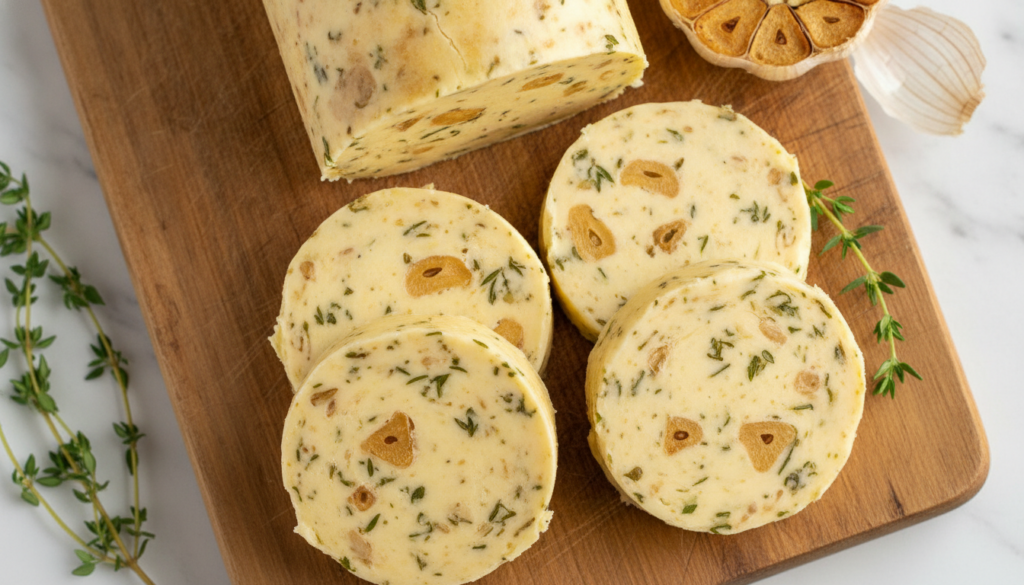 A log of roasted garlic thyme compound butter sliced to show soft roasted garlic pieces and thyme leaves next to roasted