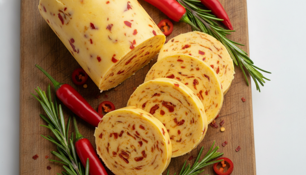 A log of chili rosemary compound butter sliced to show red chili flakes and green rosemary leaves next to fresh red chil