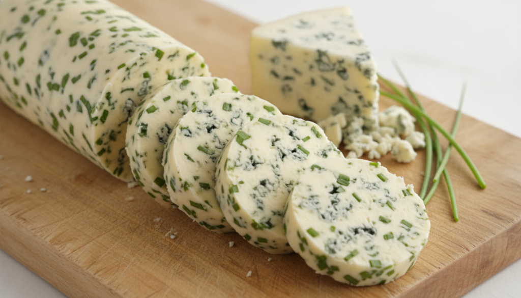A log of blue cheese chive compound butter sliced to show blue cheese crumbles and green chives next to a wedge of blue 