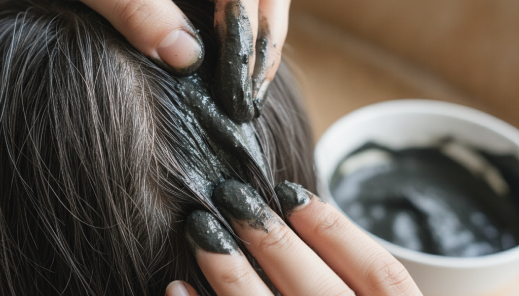 A close-up of a person s hand applying a dark thick paste to the roots of their hair focusing on grey areas The paste sh