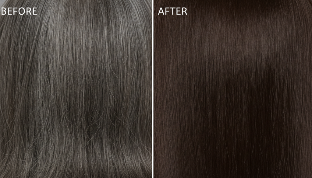 A before and after comparison showing a person s scalp The before side has visible grey hair at the roots and the after