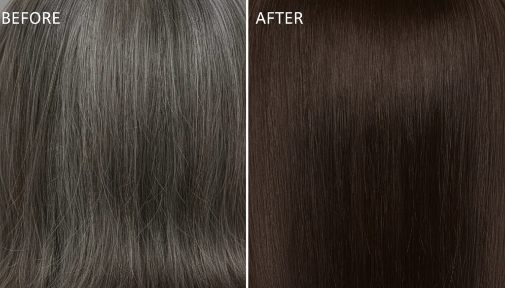 A before and after comparison showing a person s scalp The before side has visible grey hair at the roots and the after 