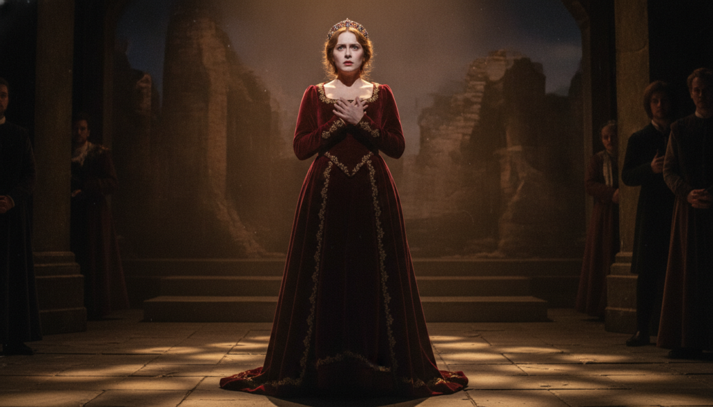 Young Judi Dench in a classical stage role possibly a Shakespearean play looking dramatic and composed