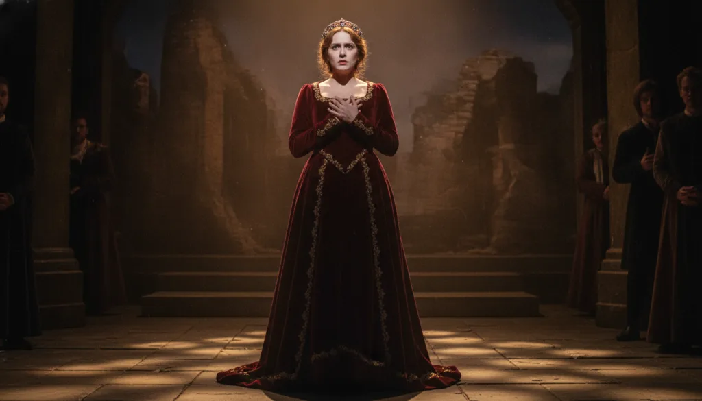 Young Judi Dench in a classical stage role possibly a Shakespearean play looking dramatic and composed