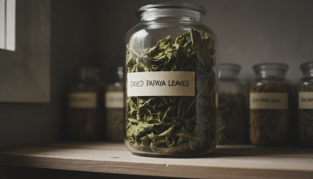 A close-up of dried crushed papaya leaves stored in a clear labeled glass jar in a dark cool pantry environment